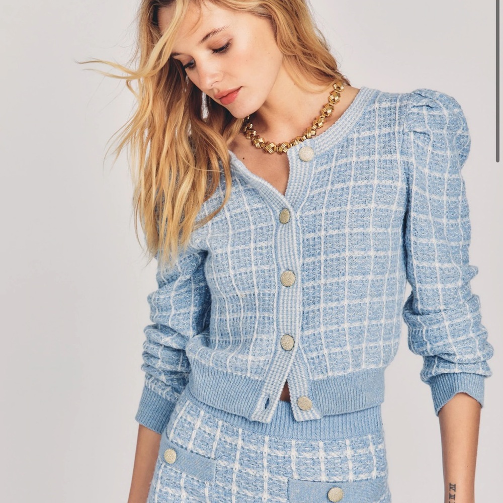 LoveShackFancy Daughter Blue Plaid Tweed Cropped Cardigan Size 4